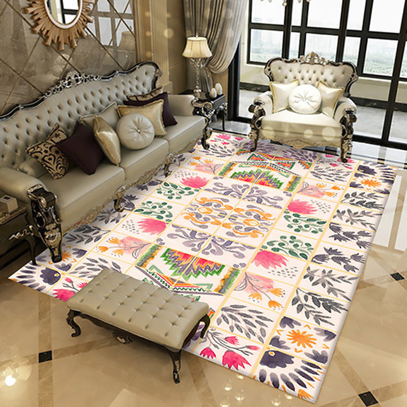 Avtoit | Moroccan Living Room Rug in White Floral Leaf Circle Print Rug Polyester Non-Slip Floor Mat