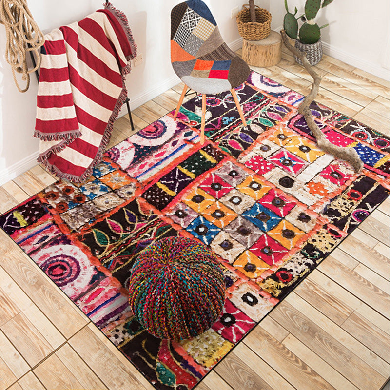 Avtoit | Mediterranean rectangular round patterned rug in black Moroccan rug polyester non-slip backing rug for the bedroom
