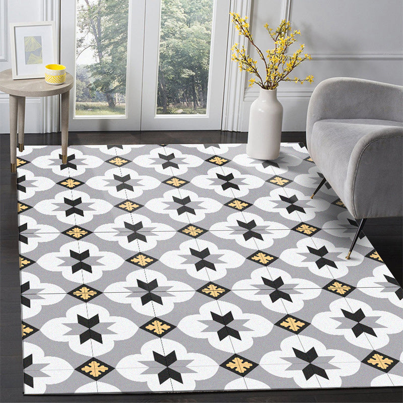 Avtoit | Gray Moroccan Rug Polyester Flower Diamond Print Rug Non-Slip Flooring for Home Decor
