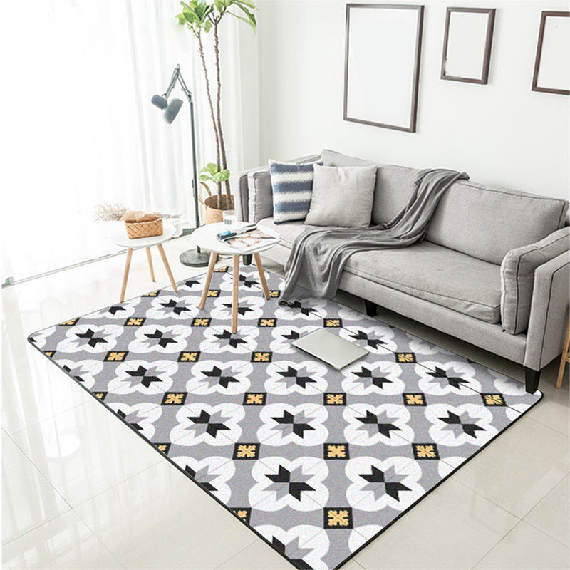Avtoit | Gray Moroccan Rug Polyester Flower Diamond Print Rug Non-Slip Flooring for Home Decor