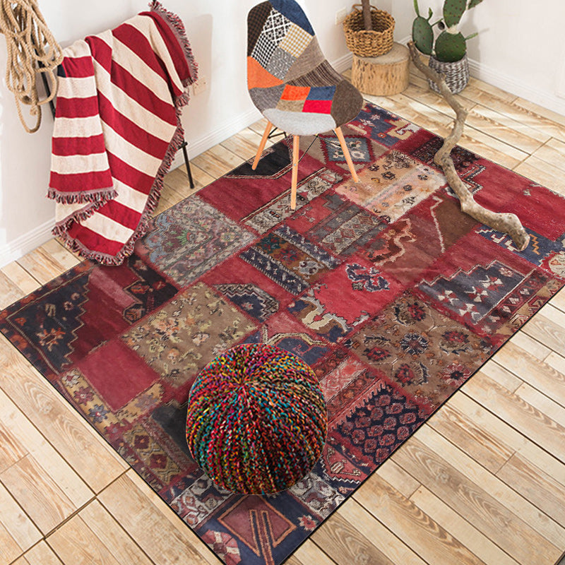 Avtoit | Red Bedroom Carpet Moroccan Rectangular Floral Stripe Printed Carpet Polyester Non-Slip Carpet
