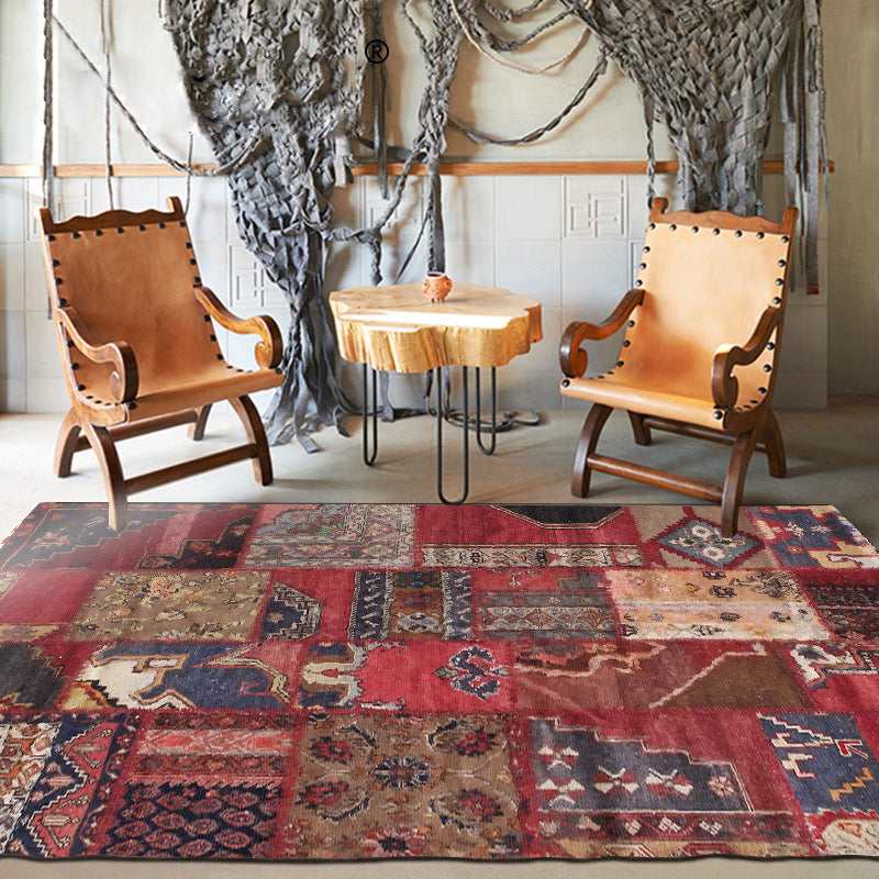 Avtoit | Red Bedroom Carpet Moroccan Rectangular Floral Stripe Printed Carpet Polyester Non-Slip Carpet