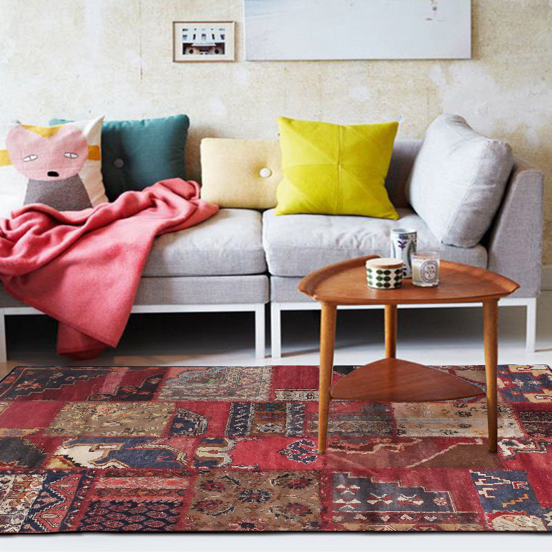 Avtoit | Red Bedroom Carpet Moroccan Rectangular Floral Stripe Printed Carpet Polyester Non-Slip Carpet