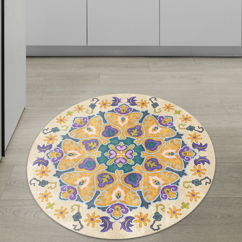 Avtoit | Tribal Medallion Rug Yellow Synthetic Rug Non-slip Back Rug for Living Room