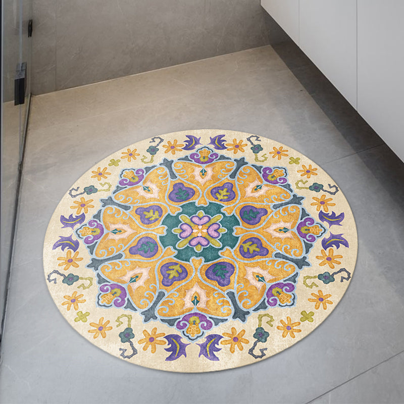 Avtoit | Tribal Medallion Rug Yellow Synthetic Rug Non-slip Back Rug for Living Room