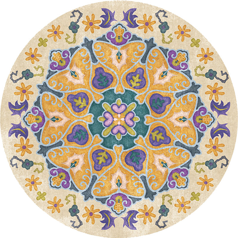 Avtoit | Tribal Medallion Rug Yellow Synthetic Rug Non-slip Back Rug for Living Room