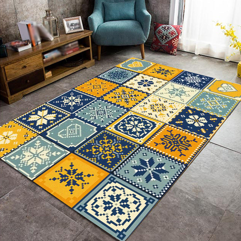 Avtoit | Moroccan Living Room Rug in Yellow and Blue Geometric Snowflake Dots Print Rug Polyester Non-Slip Rug