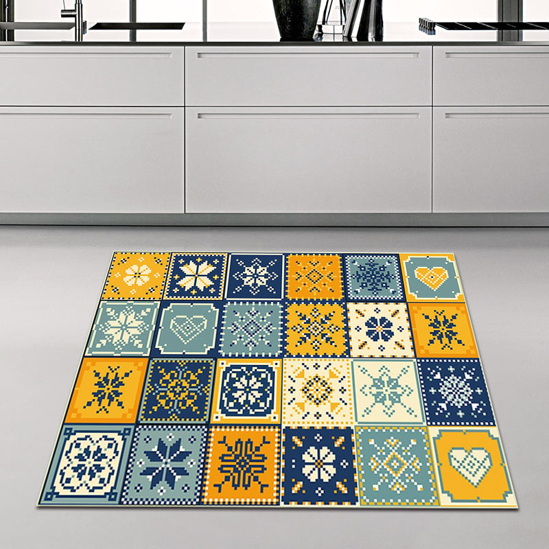 Avtoit | Moroccan Living Room Rug in Yellow and Blue Geometric Snowflake Dots Print Rug Polyester Non-Slip Rug