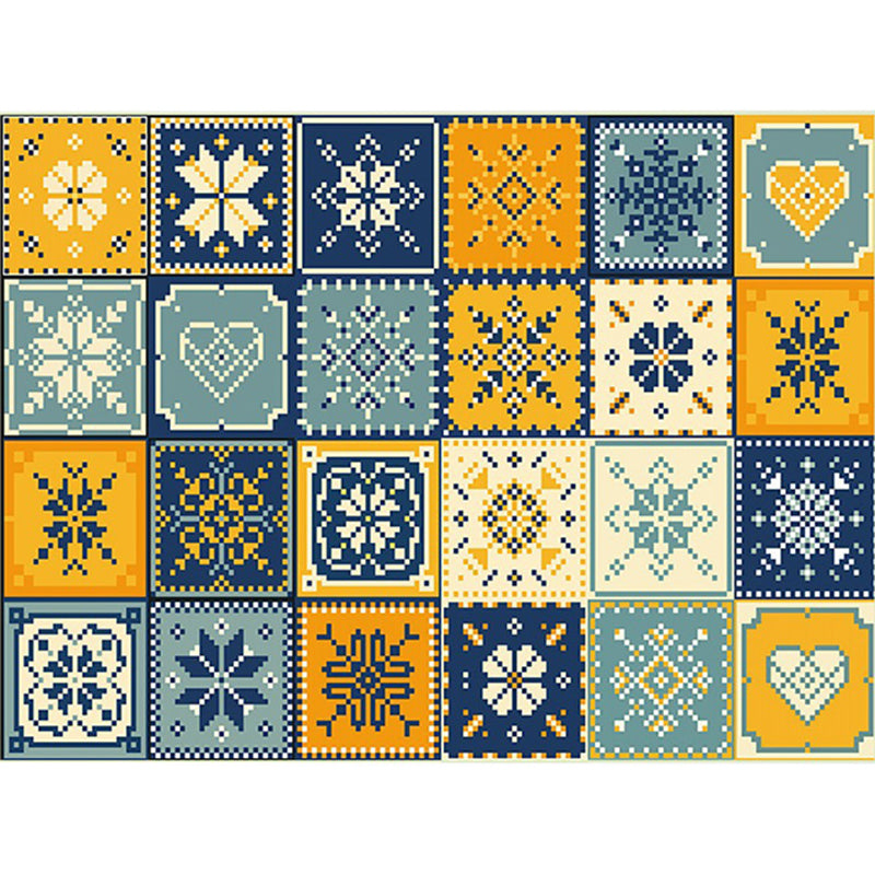 Avtoit | Moroccan Living Room Rug in Yellow and Blue Geometric Snowflake Dots Print Rug Polyester Non-Slip Rug