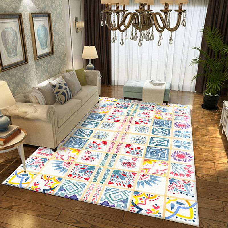 Avtoit | Yellow Moroccan carpet Polyester flowers Greek key square pattern rug non-slip rug for bedroom