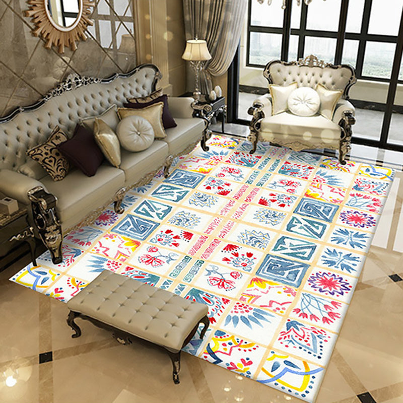 Avtoit | Yellow Moroccan carpet Polyester flowers Greek key square pattern rug non-slip rug for bedroom