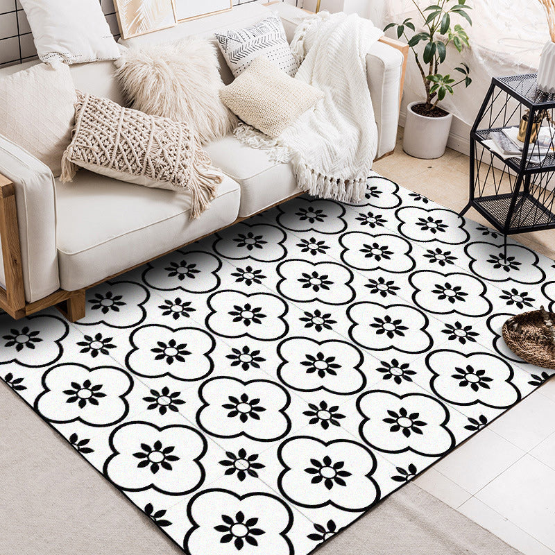 Avtoit | Moroccan living room rug in white floral square pattern rug polyester non-slip area rug