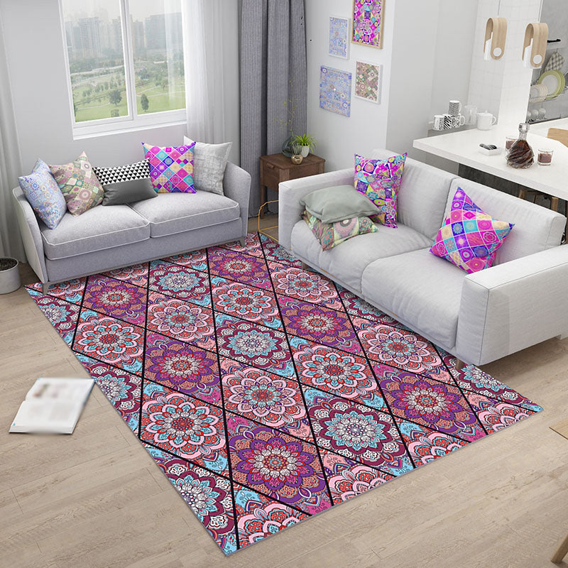 Avtoit | Purple Bedroom Rug Moroccan Floral Diamond Pattern Rug Polyester Non-Slip Back Rug
