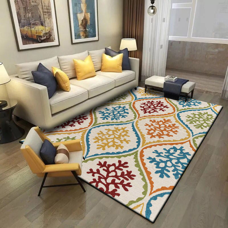 Avtoit | Persian Leaf Branch Pattern Rug in Ivory Moroccan Rug Polyester Non-Slip Back Rug for Bedroom