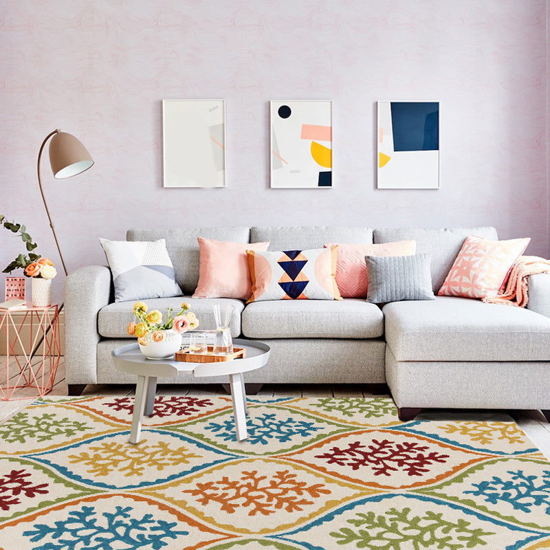 Avtoit | Persian Leaf Branch Pattern Rug in Ivory Moroccan Rug Polyester Non-Slip Back Rug for Bedroom