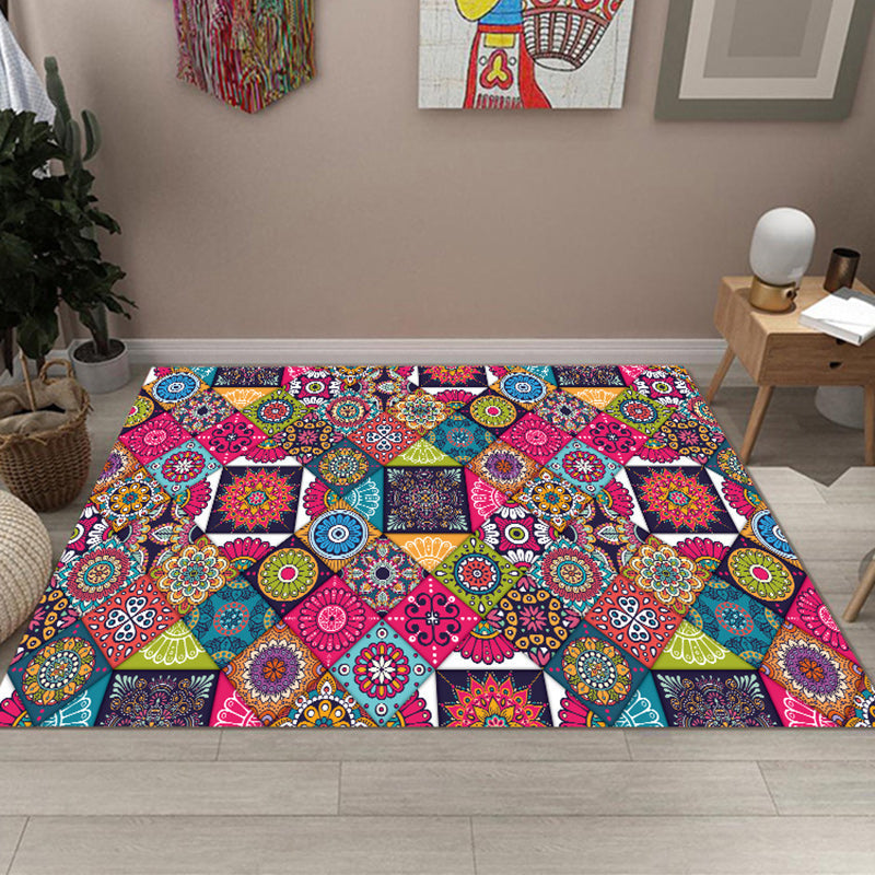 Avtoit | Multicolored Bedroom Rug Moroccan Diamond Flower Pattern Rug Polyester Non-Slip Back Rug