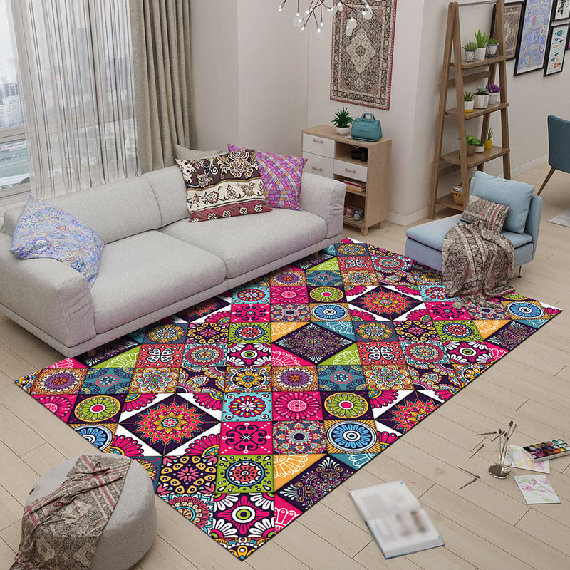 Avtoit | Multicolored Bedroom Rug Moroccan Diamond Flower Pattern Rug Polyester Non-Slip Back Rug