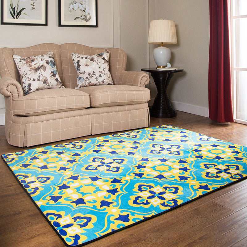 Avtoit | Moroccan Living Room Wallpaper in Blue Geometric Floral Design Carpet Polyester Non-Slip Area Rug