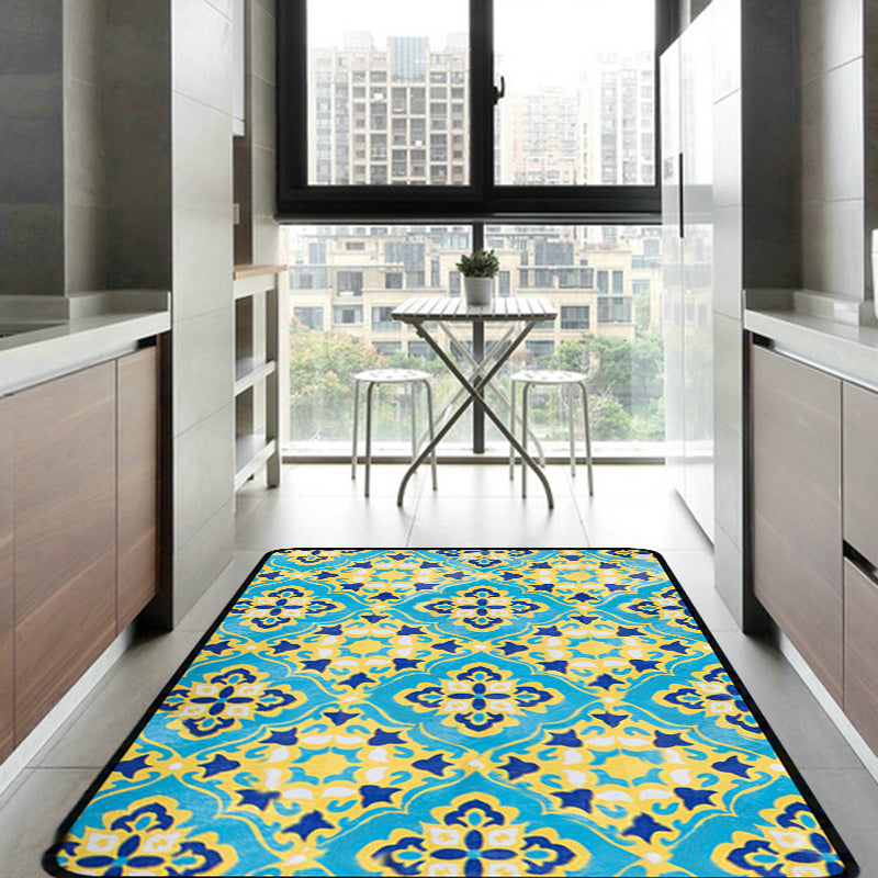 Avtoit | Moroccan Living Room Wallpaper in Blue Geometric Floral Design Carpet Polyester Non-Slip Area Rug
