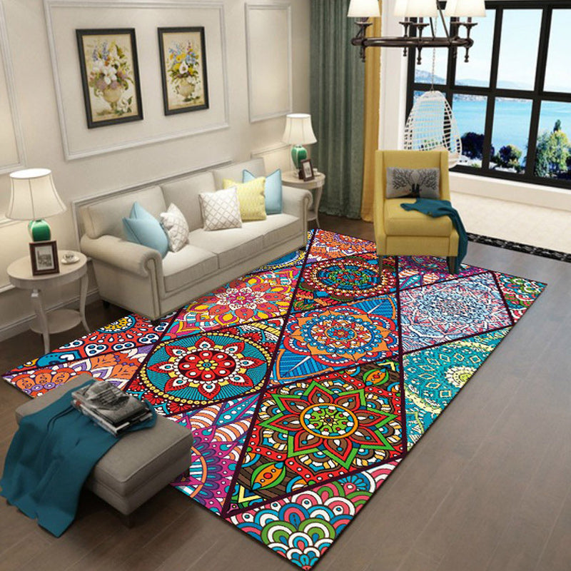 Avtoit | Colorful Bedroom Rug Moroccan Floral Diamond Dot Pattern Rug Polyester Machine Washable Non-Slip Backing Rug for Living Room
