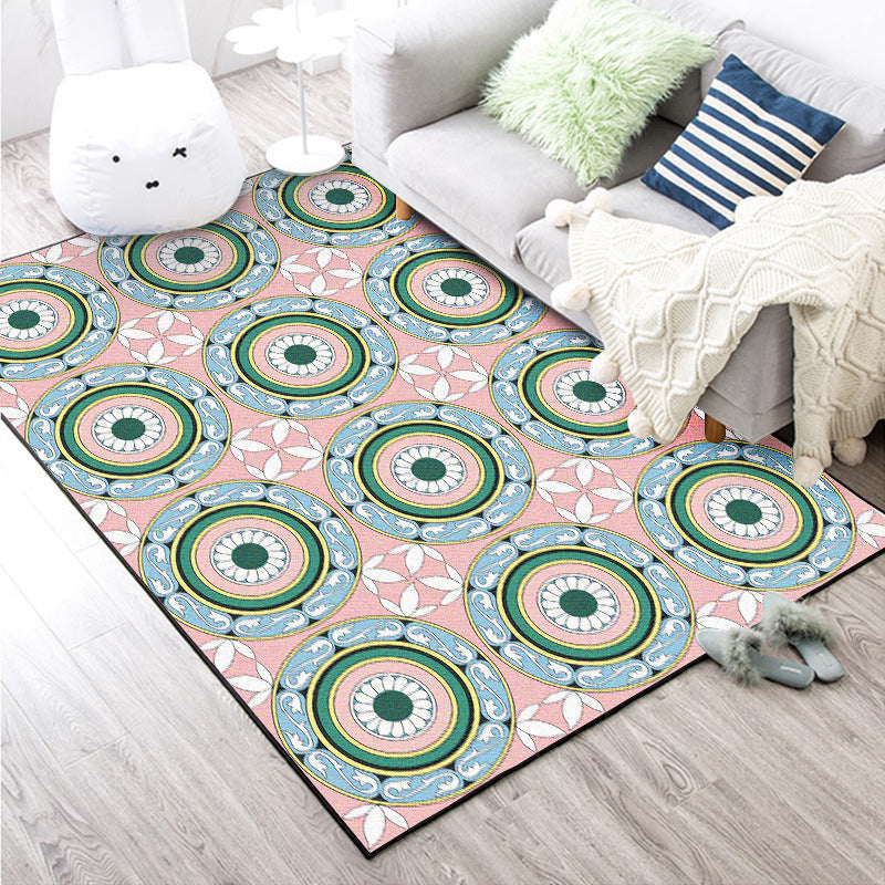 Avtoit | Moroccan Flower Circle Pattern Rug in Pink Polyester Floor Mat with Non-Slip Back Rug for Living Room