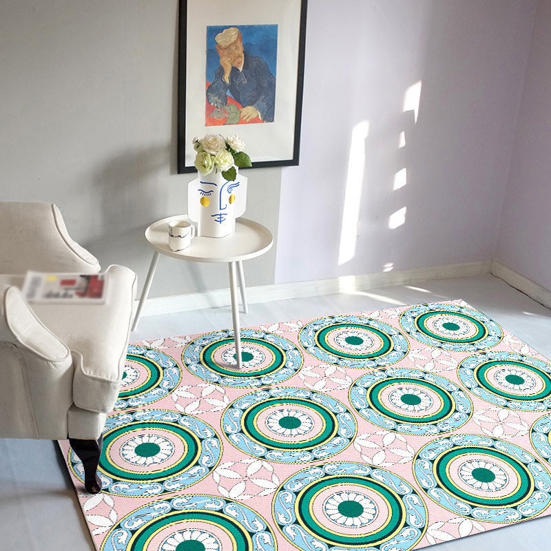 Avtoit | Moroccan Flower Circle Pattern Rug in Pink Polyester Floor Mat with Non-Slip Back Rug for Living Room
