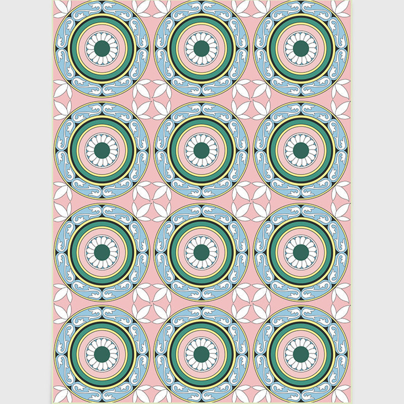 Avtoit | Moroccan Flower Circle Pattern Rug in Pink Polyester Floor Mat with Non-Slip Back Rug for Living Room