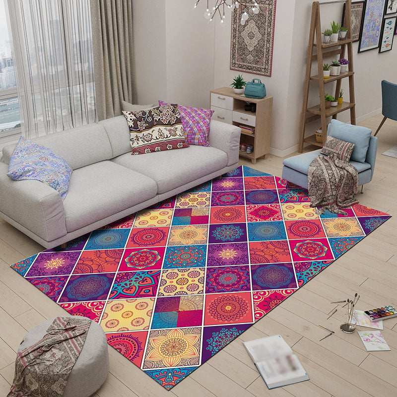 Avtoit | Mediterranean-Moroccan diamond pattern multicolored floral square rug made of polyester non-slip mat for the living room