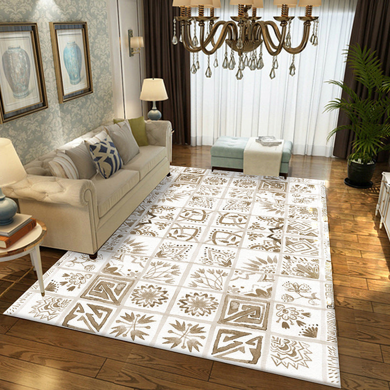Avtoit | Oriental Flower Square Pattern Carpet in White Moroccan Carpet Polyester Non-Slip Back Carpet for Bedroom