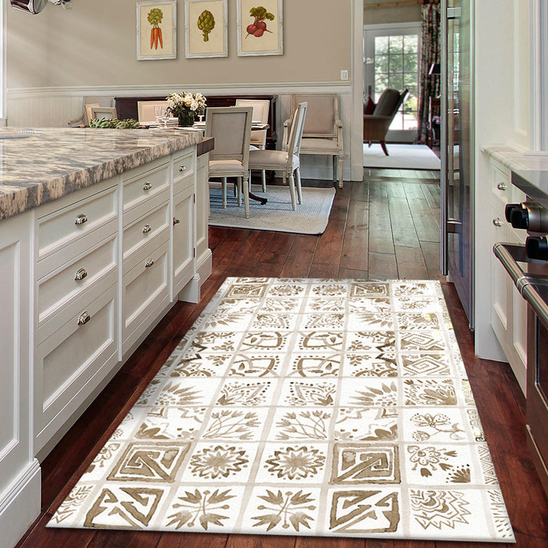 Avtoit | Oriental Flower Square Pattern Carpet in White Moroccan Carpet Polyester Non-Slip Back Carpet for Bedroom