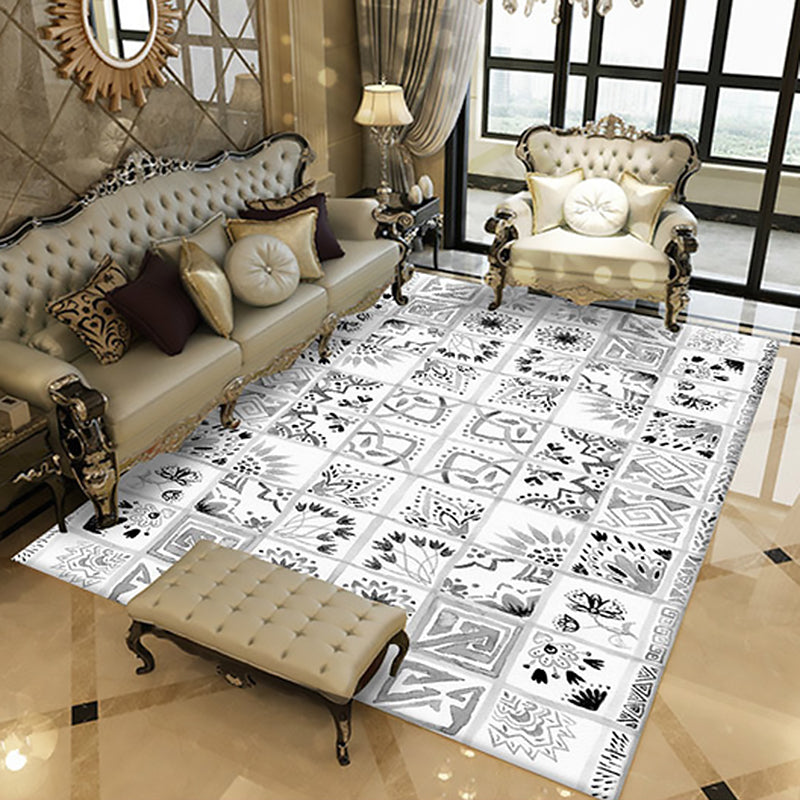 Avtoit | Oriental Flower Square Pattern Carpet in White Moroccan Carpet Polyester Non-Slip Back Carpet for Bedroom