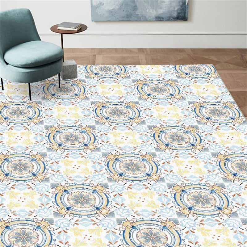 Avtoit | Moroccan living room rug in blue and yellow floral circle print carpet polyester non-slip rug