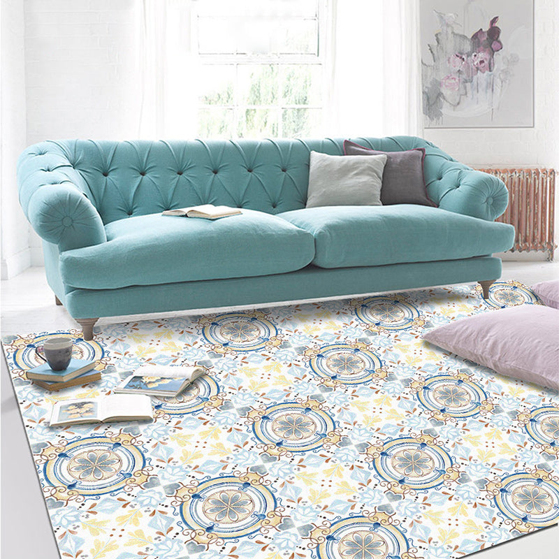 Avtoit | Moroccan living room rug in blue and yellow floral circle print carpet polyester non-slip rug