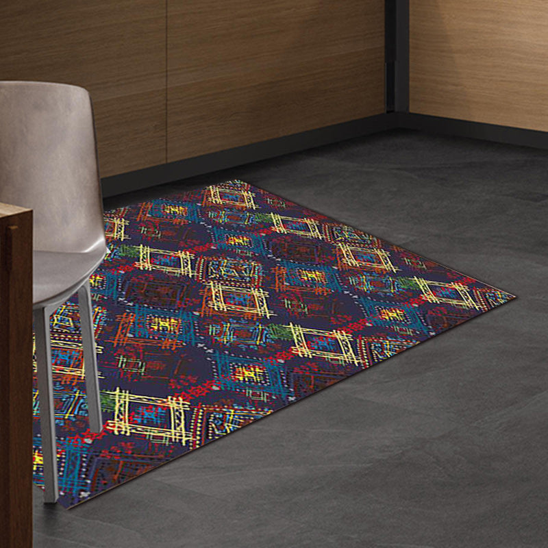 Avtoit | Moroccan square line pattern rug in blue polyester rug machine washable non-slip backing rug for living room