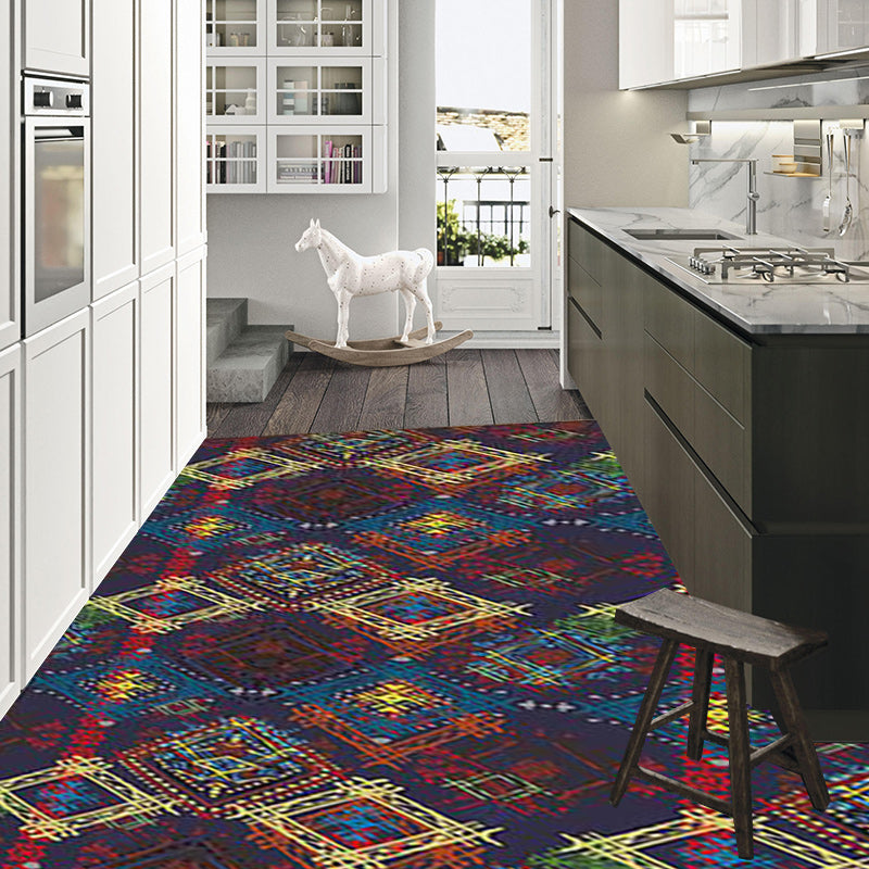Avtoit | Moroccan square line pattern rug in blue polyester rug machine washable non-slip backing rug for living room