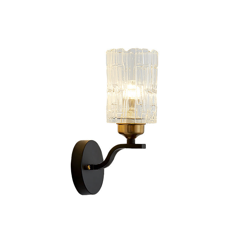 Avtoit | Clear Crystal Cylinder Wall Light Sconce Contemporary 1 Light Sconce Lamp with Metallic Curved Arm in Black