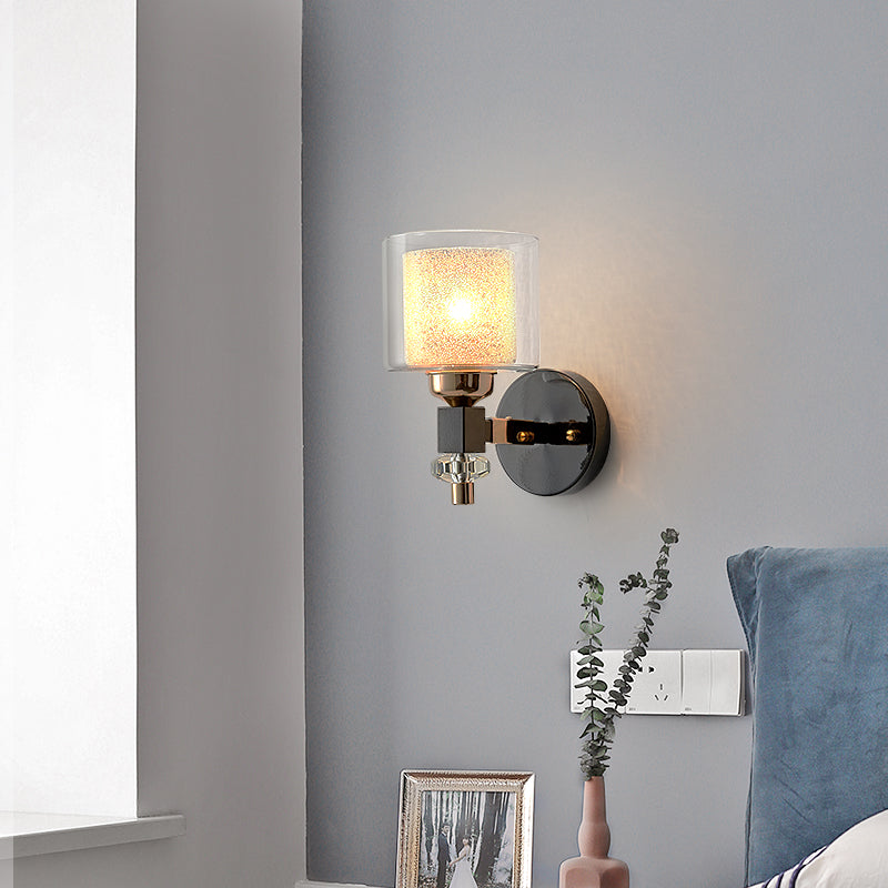 Avtoit | Contemporary cylindrical wall mounted light metal and glass 1 light wall lamp in black for hallway