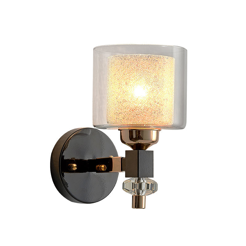 Avtoit | Contemporary cylindrical wall mounted light metal and glass 1 light wall lamp in black for hallway