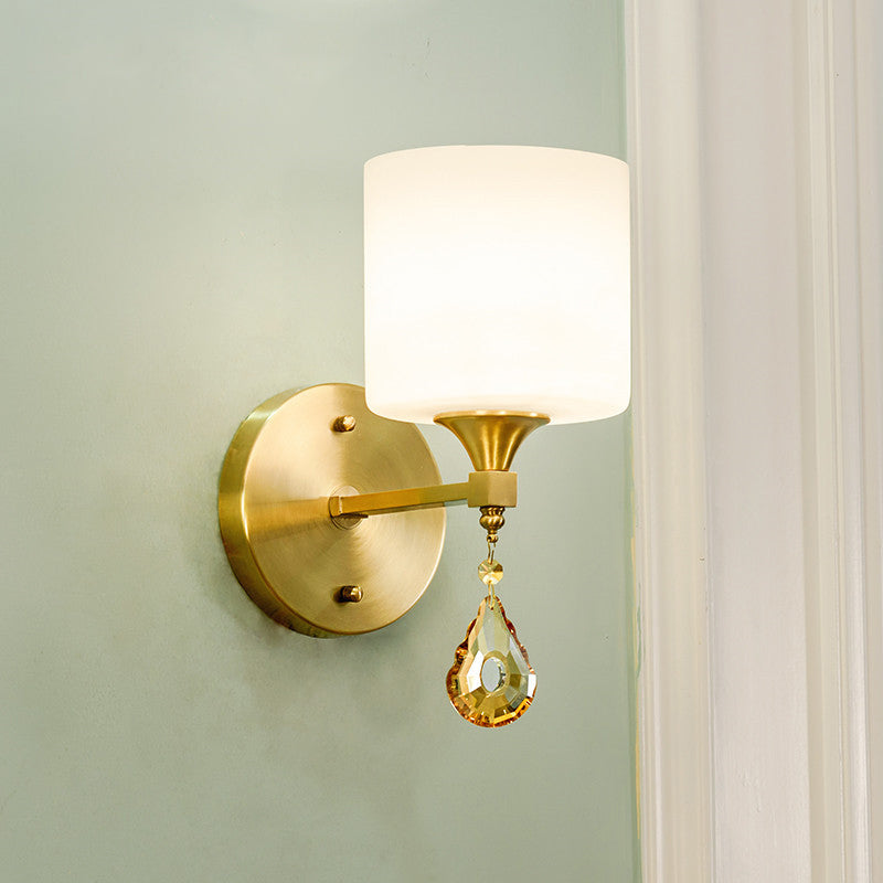 Avtoit | Nordic Style Cylinder Wall Lamp Frosted Glass 1/2-Light Wall Light with Amber Crystal Drops in Brass