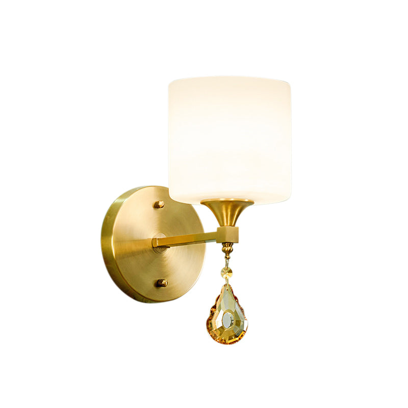 Avtoit | Nordic Style Cylinder Wall Lamp Frosted Glass 1/2-Light Wall Light with Amber Crystal Drops in Brass