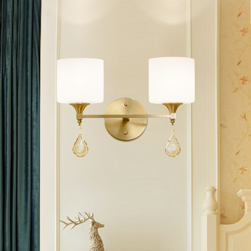 Avtoit | Nordic Style Cylinder Wall Lamp Frosted Glass 1/2-Light Wall Light with Amber Crystal Drops in Brass