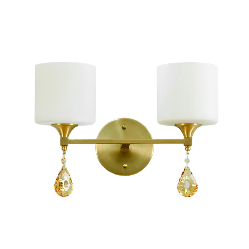 Avtoit | Nordic Style Cylinder Wall Lamp Frosted Glass 1/2-Light Wall Light with Amber Crystal Drops in Brass