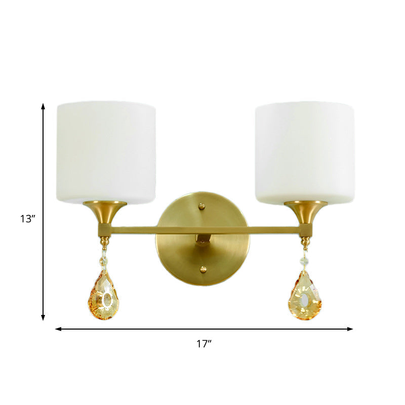 Avtoit | Nordic Style Cylinder Wall Lamp Frosted Glass 1/2-Light Wall Light with Amber Crystal Drops in Brass