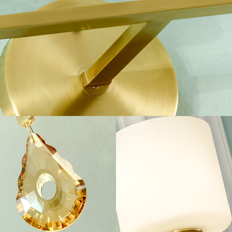 Avtoit | Nordic Style Cylinder Wall Lamp Frosted Glass 1/2-Light Wall Light with Amber Crystal Drops in Brass