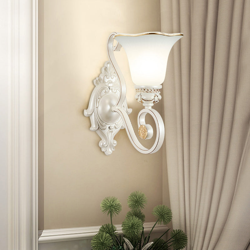 Avtoit | Milk glass flower wall lamp vintage 1/2 head wall-mounted light with clear crystal accent in white for the bedroom