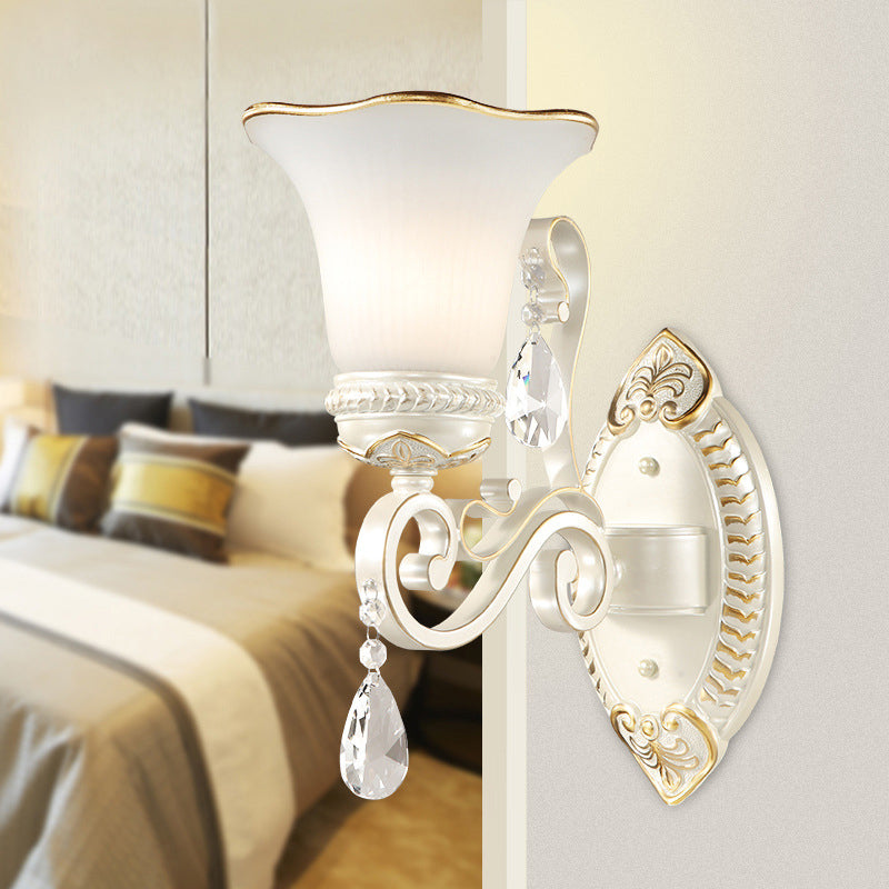 Avtoit | Milk glass flower wall lamp vintage 1/2 head wall-mounted light with clear crystal accent in white for the bedroom