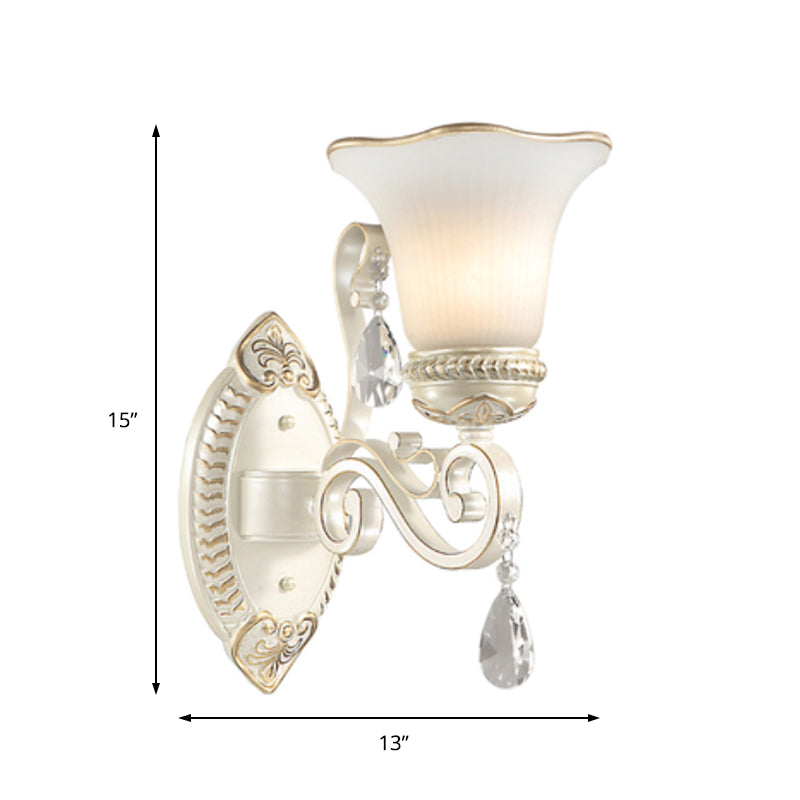 Avtoit | Milk glass flower wall lamp vintage 1/2 head wall-mounted light with clear crystal accent in white for the bedroom
