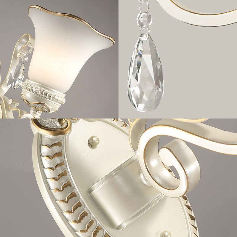 Avtoit | Milk glass flower wall lamp vintage 1/2 head wall-mounted light with clear crystal accent in white for the bedroom