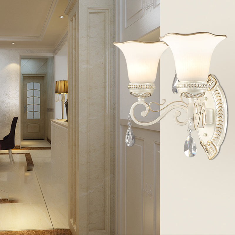 Avtoit | Milk glass flower wall lamp vintage 1/2 head wall-mounted light with clear crystal accent in white for the bedroom