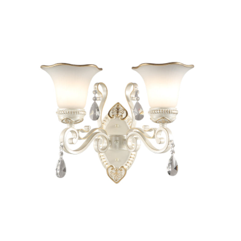 Avtoit | Milk glass flower wall lamp vintage 1/2 head wall-mounted light with clear crystal accent in white for the bedroom